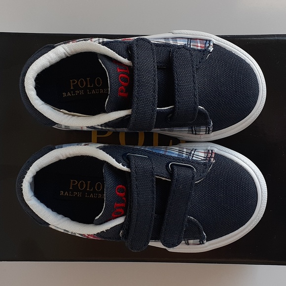 Polo Ralph Lauren Boys Plaid Canvas Sneakers Velcro Red Pony Toddler Sz 6 - Picture 2 of 11